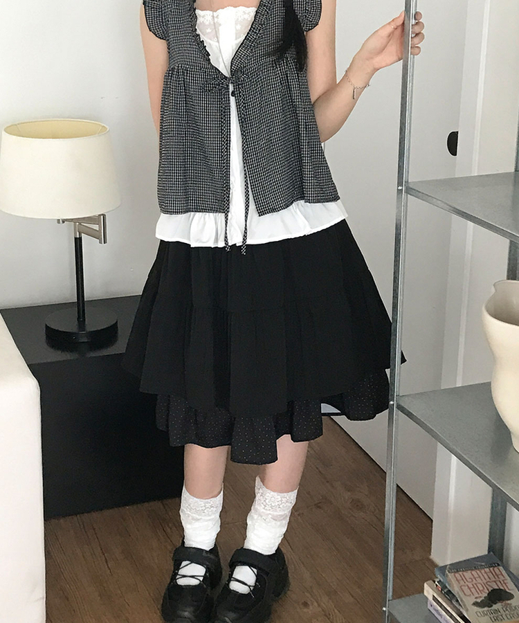 ドットバイカラーティアードミディスカート BLACK