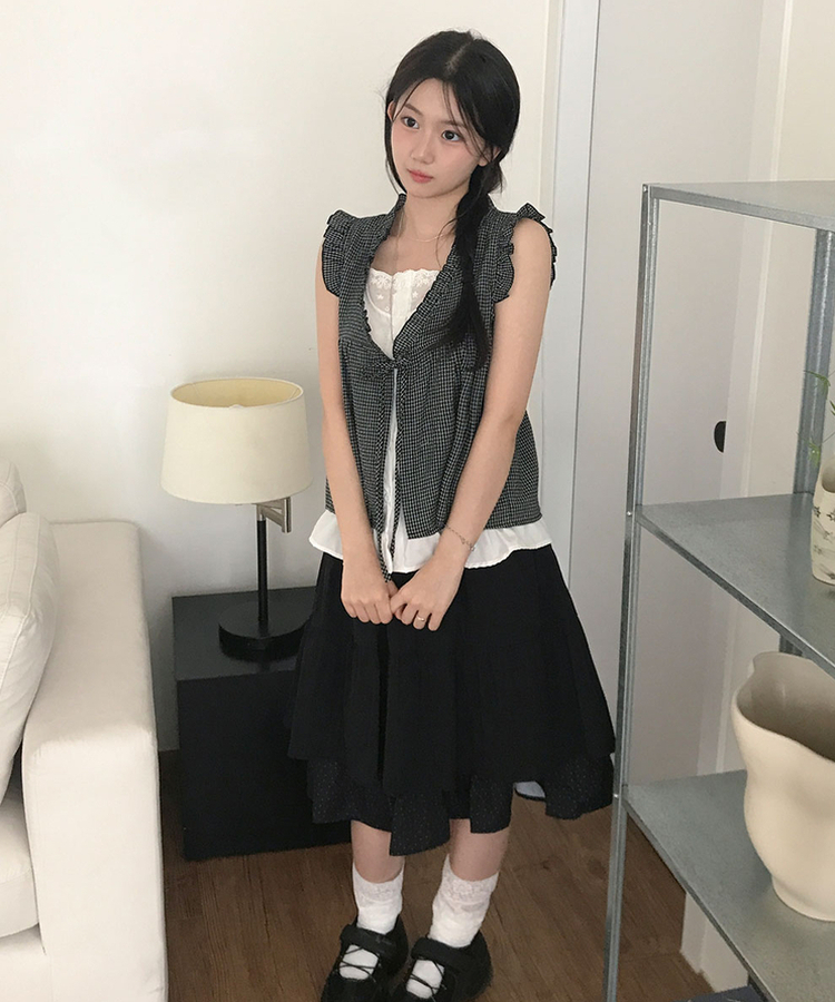 ドットバイカラーティアードミディスカート BLACK