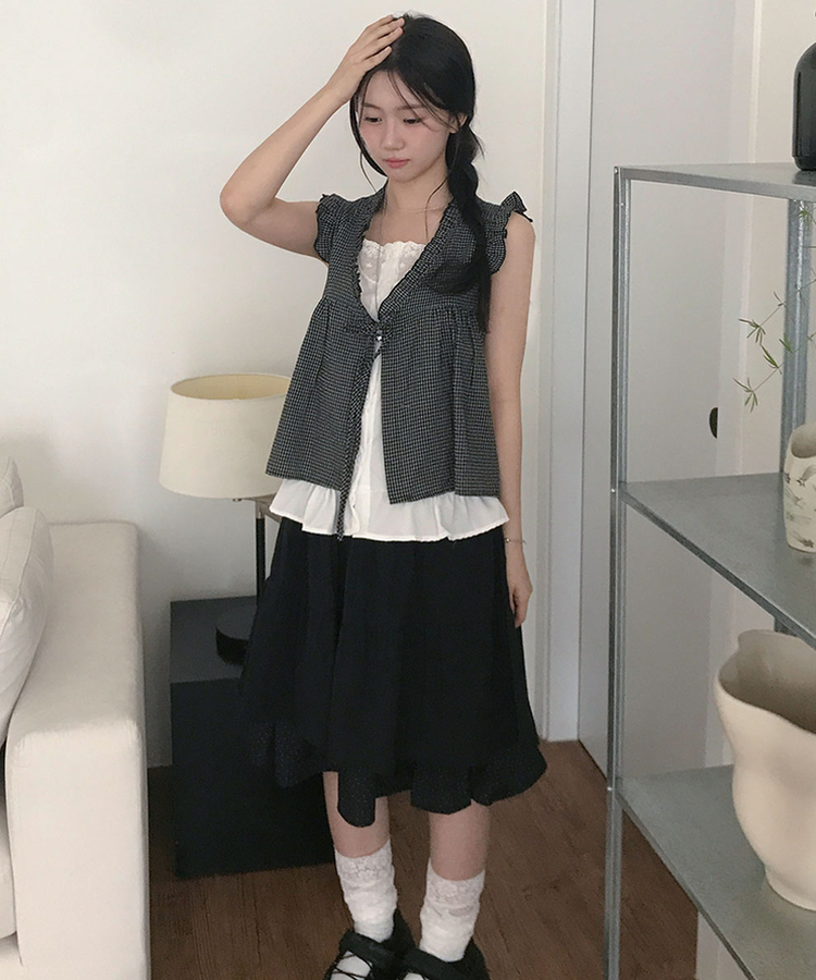 ドットバイカラーティアードミディスカート BLACK