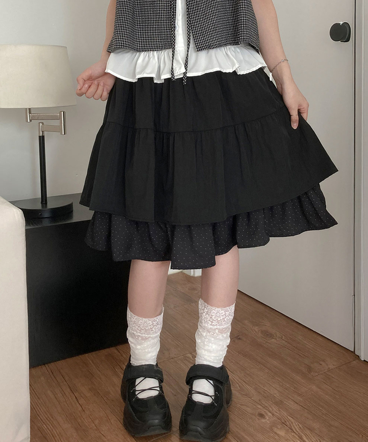 ドットバイカラーティアードミディスカート BLACK