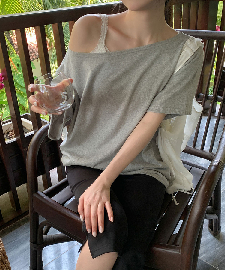 ワンショルダールーズフィットTシャツ GRAY