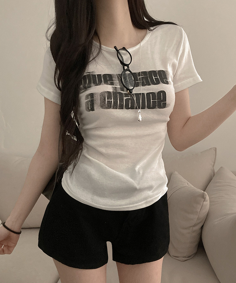 피스 레터링 옆셔링 허리잘록 반팔 티셔츠 화이트