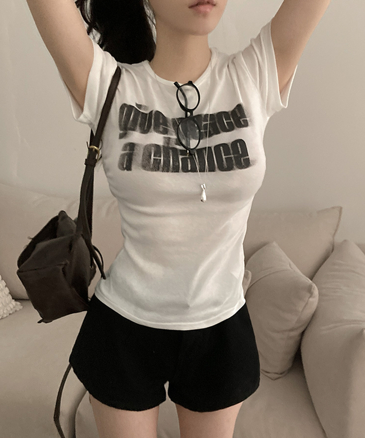 피스 레터링 옆셔링 허리잘록 반팔 티셔츠 화이트