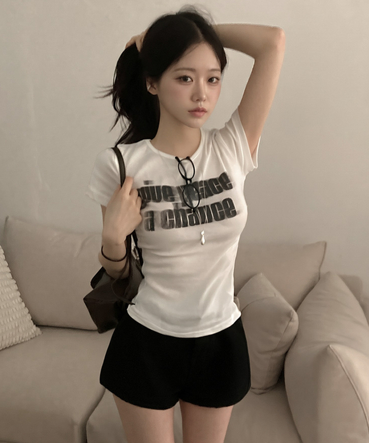 피스 레터링 옆셔링 허리잘록 반팔 티셔츠 화이트