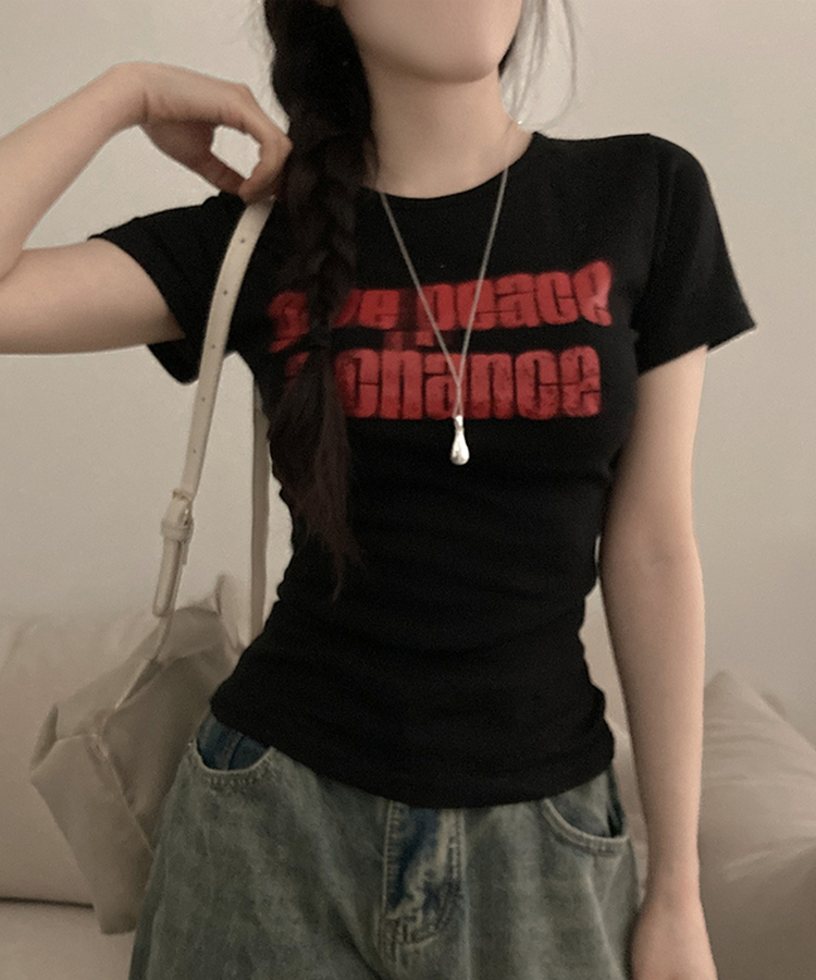 피스 레터링 옆셔링 허리잘록 반팔 티셔츠 블랙