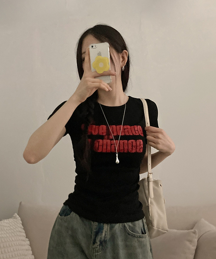 피스 레터링 옆셔링 허리잘록 반팔 티셔츠 블랙