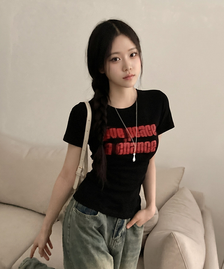 피스 레터링 옆셔링 허리잘록 반팔 티셔츠 블랙