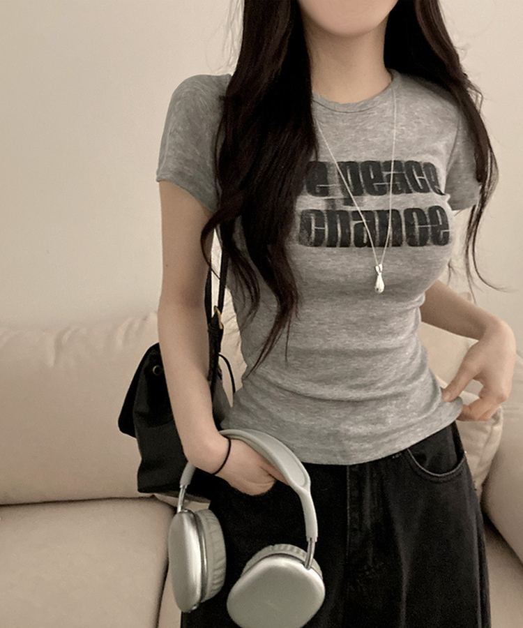 피스 레터링 옆셔링 허리잘록 반팔 티셔츠 그레이