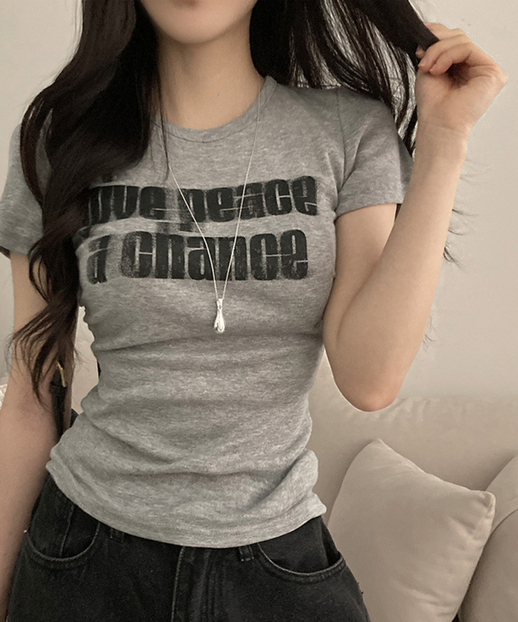 피스 레터링 옆셔링 허리잘록 반팔 티셔츠 그레이
