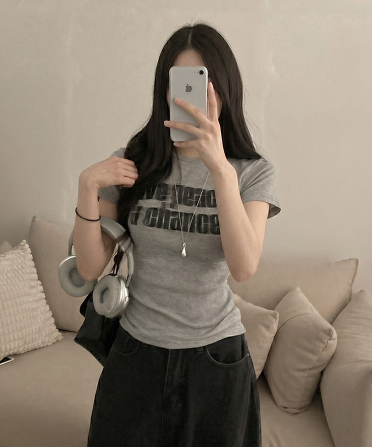 피스 레터링 옆셔링 허리잘록 반팔 티셔츠 그레이