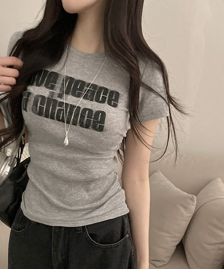 피스 레터링 옆셔링 허리잘록 반팔 티셔츠 그레이