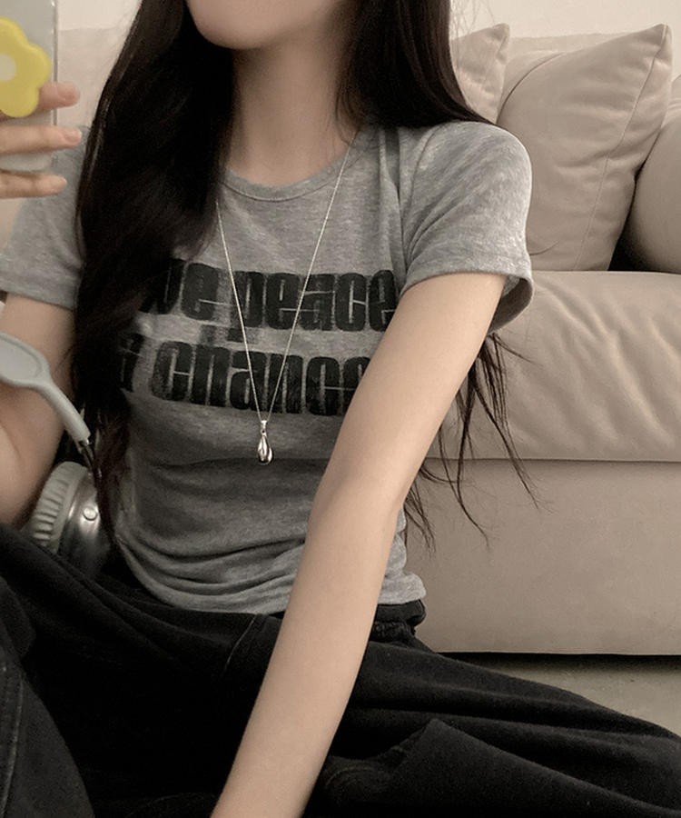 피스 레터링 옆셔링 허리잘록 반팔 티셔츠 그레이