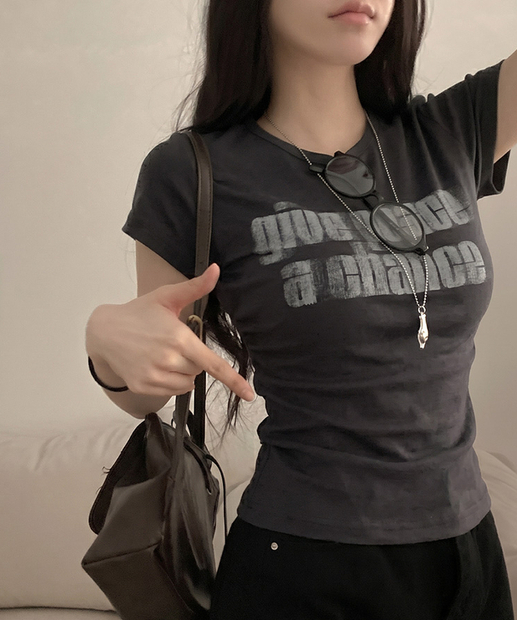 피스 레터링 옆셔링 허리잘록 반팔 티셔츠 차콜