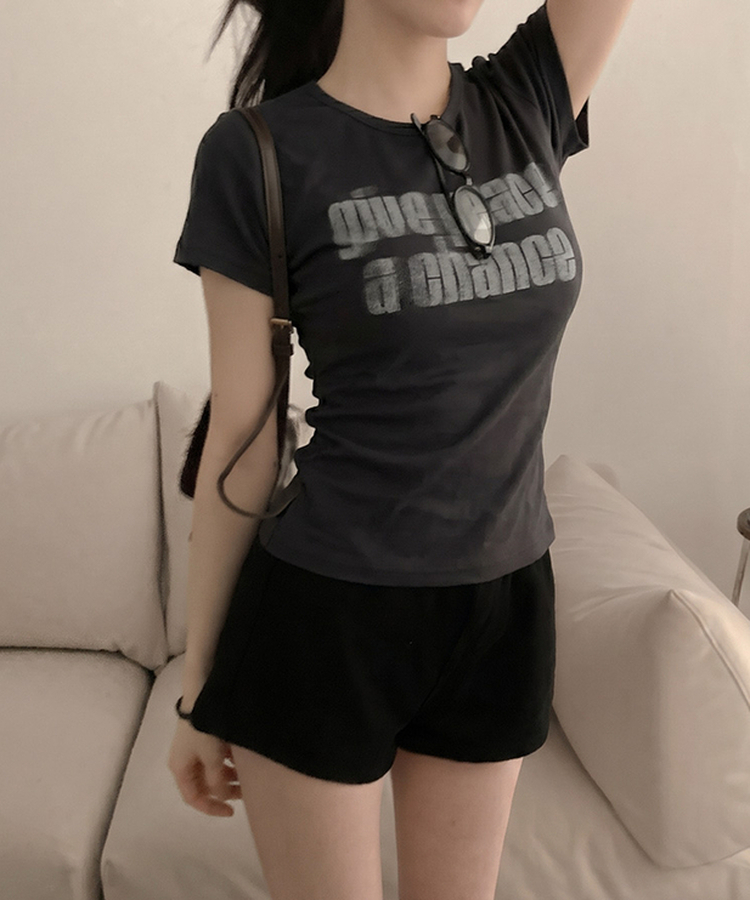 피스 레터링 옆셔링 허리잘록 반팔 티셔츠 차콜