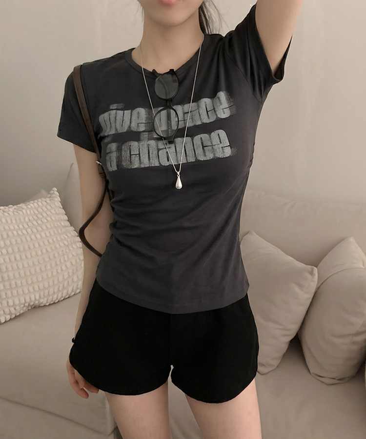 피스 레터링 옆셔링 허리잘록 반팔 티셔츠 차콜