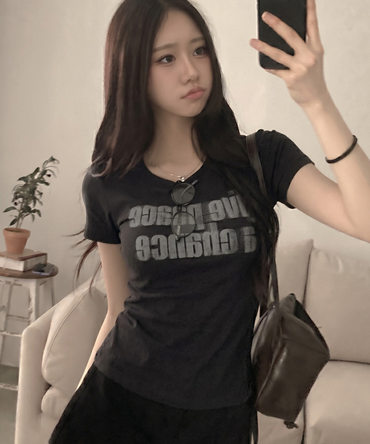 피스 레터링 옆셔링 허리잘록 반팔 티셔츠 차콜
