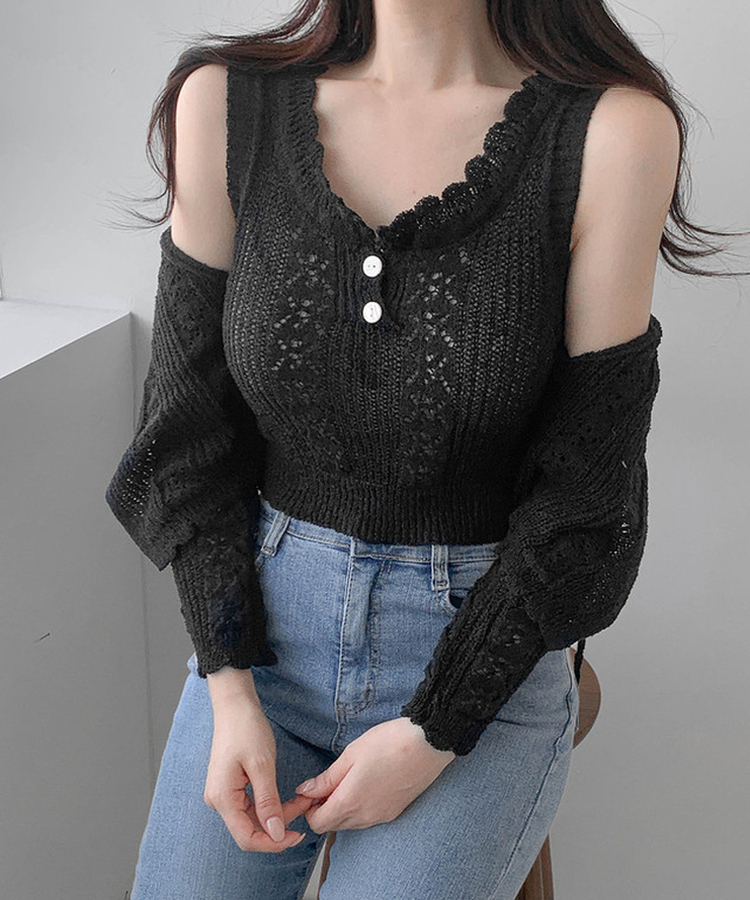 【SET】ボタンキャミソール カーディガン BLACK