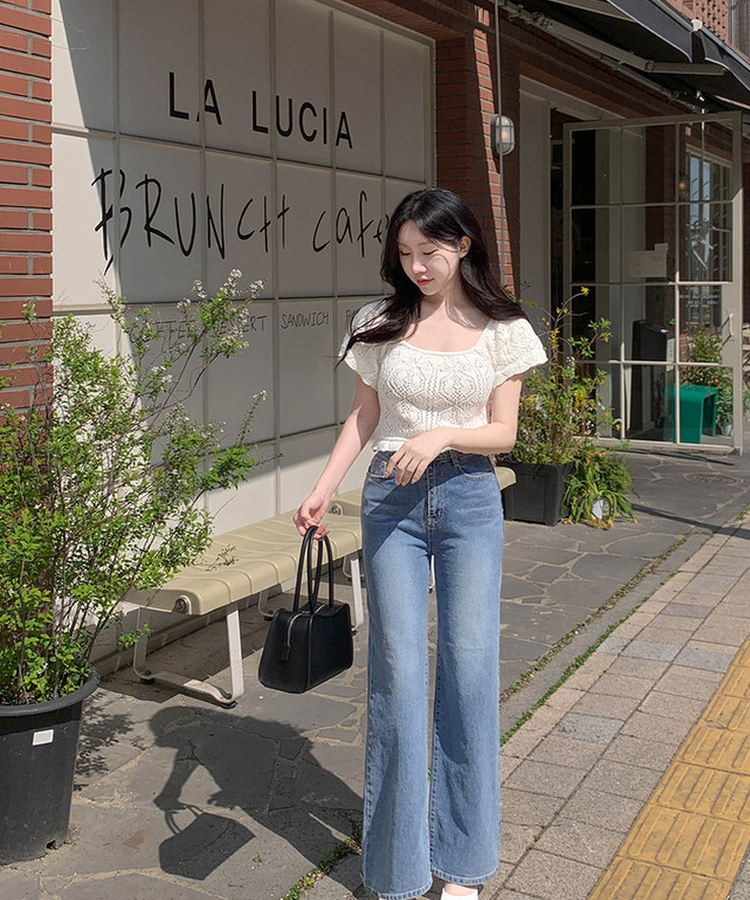 スクエアパンチング半袖ニット IVORY