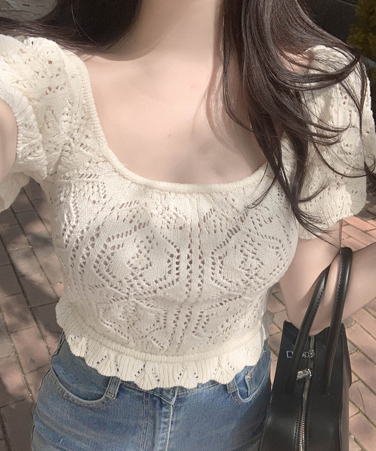 スクエアパンチング半袖ニット IVORY