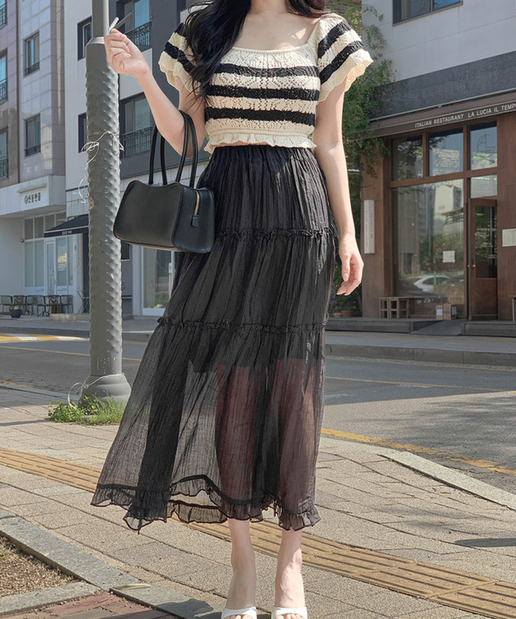 スクエアパンチング半袖ニット STRIPE