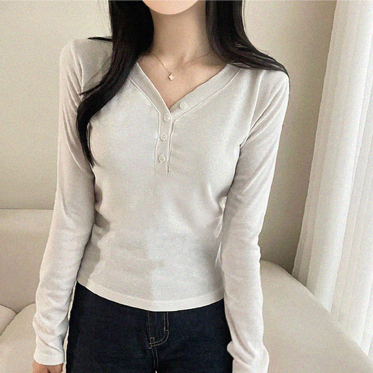 Vネックボタン長袖Tシャツ IVORY