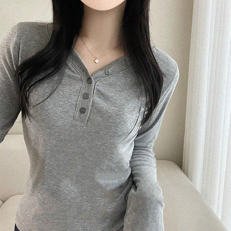 Vネックボタン長袖Tシャツ GRAY