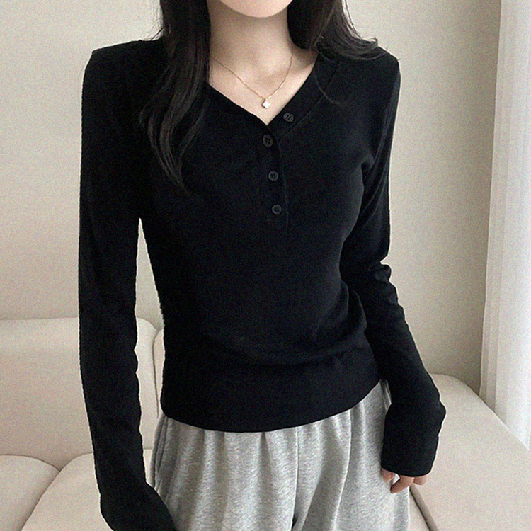 Vネックボタン長袖Tシャツ BLACK