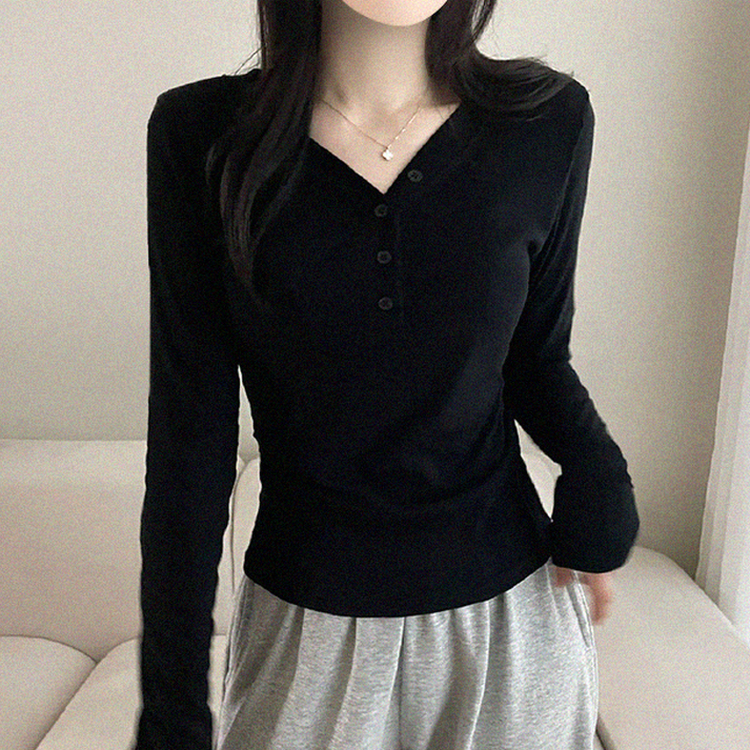 Vネックボタン長袖Tシャツ BLACK