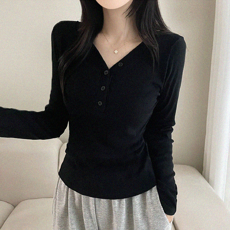 Vネックボタン長袖Tシャツ BLACK