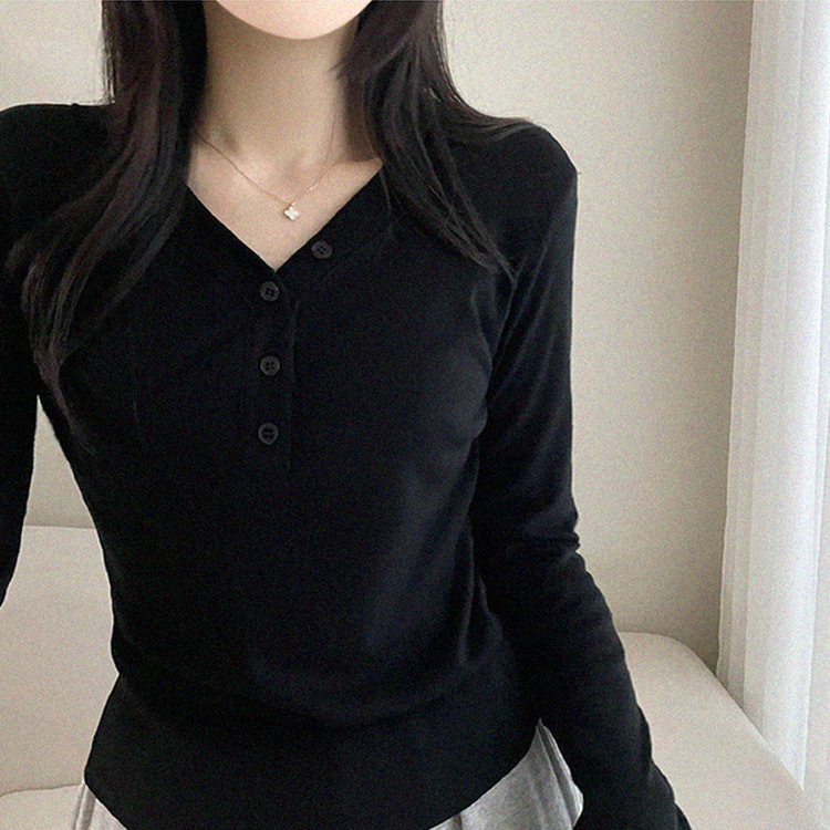 Vネックボタン長袖Tシャツ BLACK