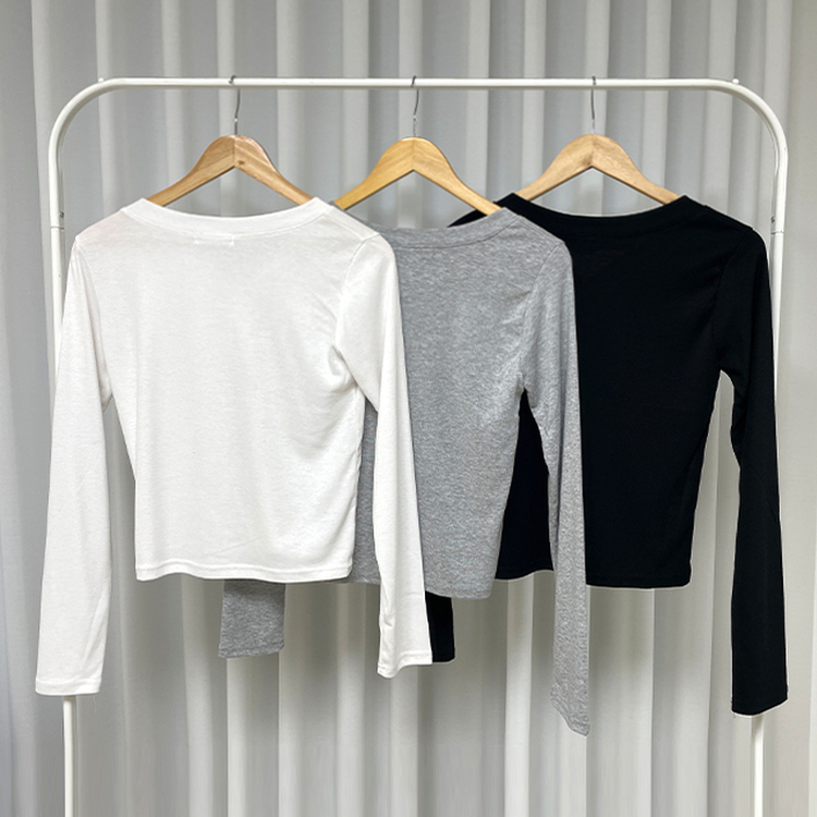 Vネックボタン長袖Tシャツ