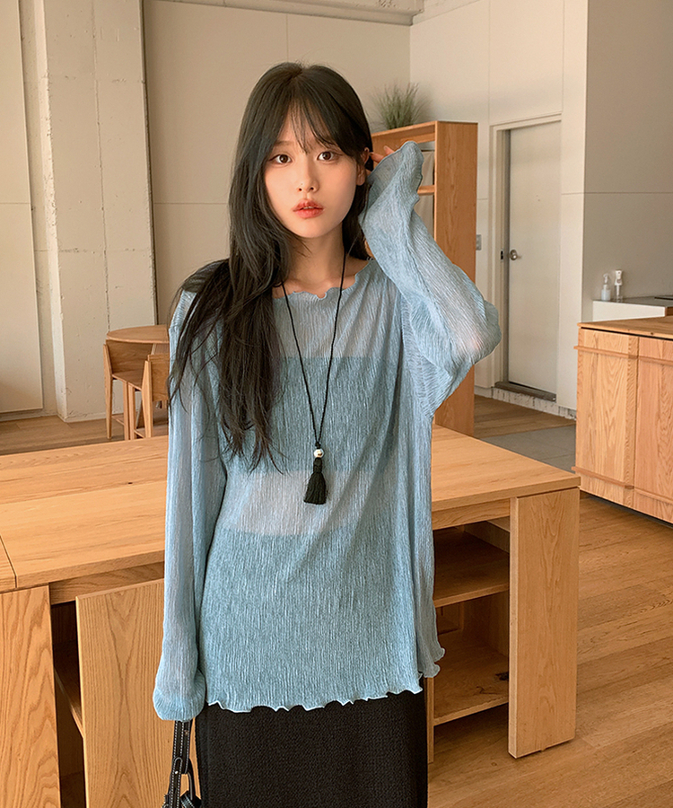 プリーツシースルー波Tシャツ(5color)｜長袖Tシャツ｜韓国ファッション