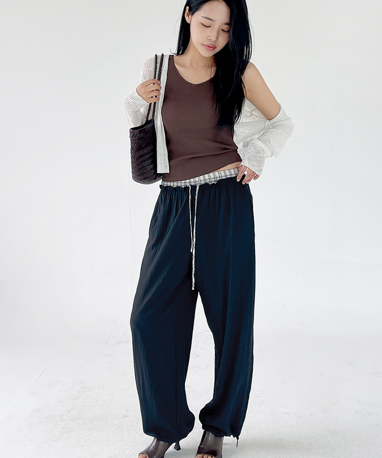 チェックレイヤードナイロンパンツ NAVY