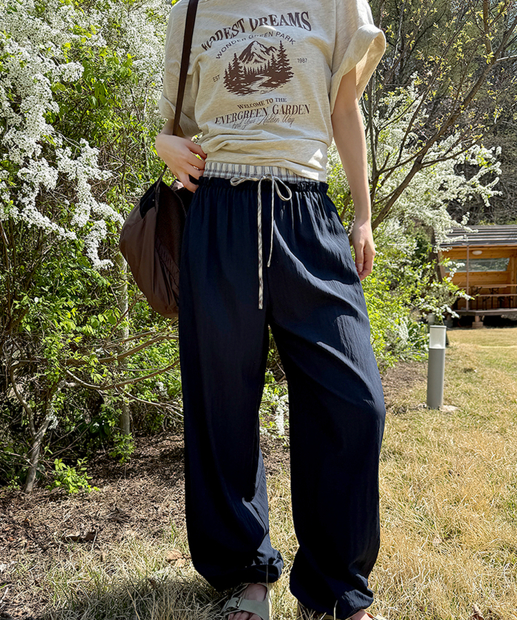 チェックレイヤードナイロンパンツ NAVY