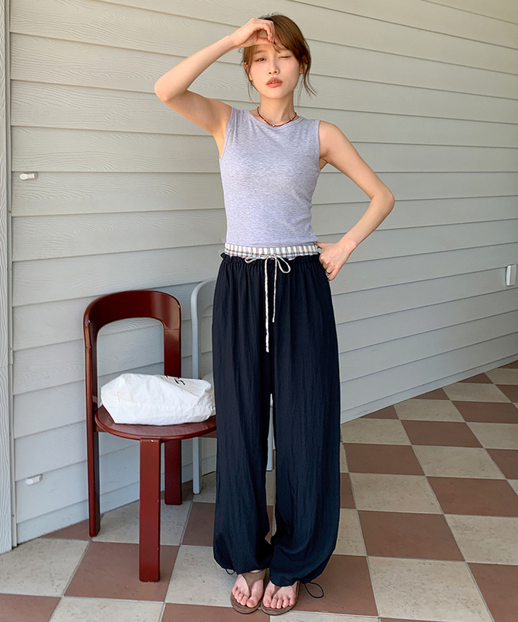 チェックレイヤードナイロンパンツ NAVY