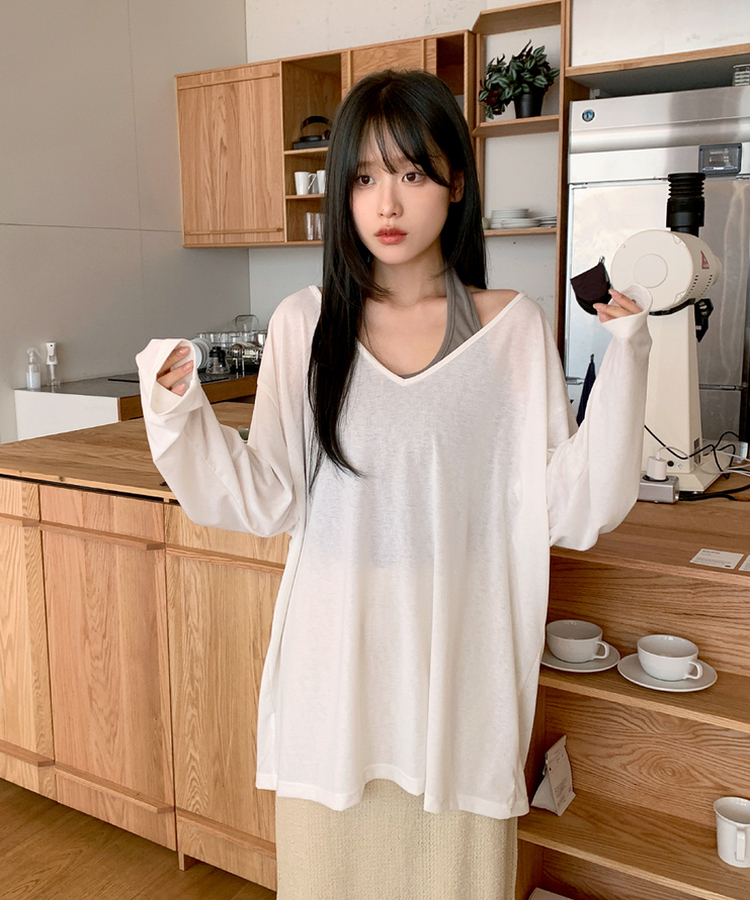ディープVストリングロングTシャツ IVORY
