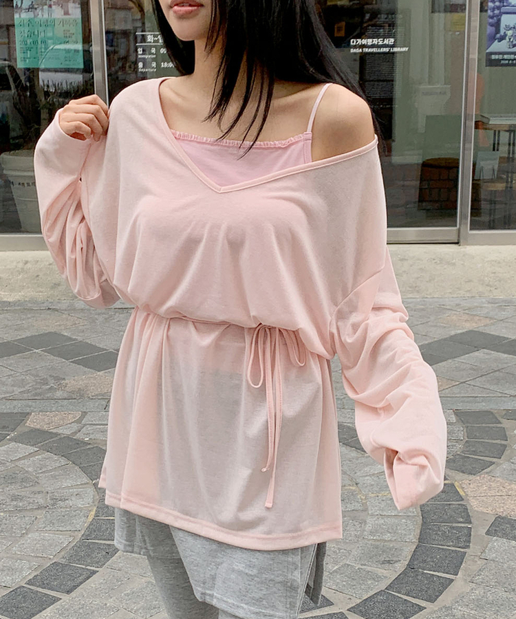 ディープVストリングロングTシャツ SOFT PINK