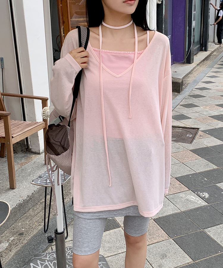 ディープVストリングロングTシャツ SOFT PINK