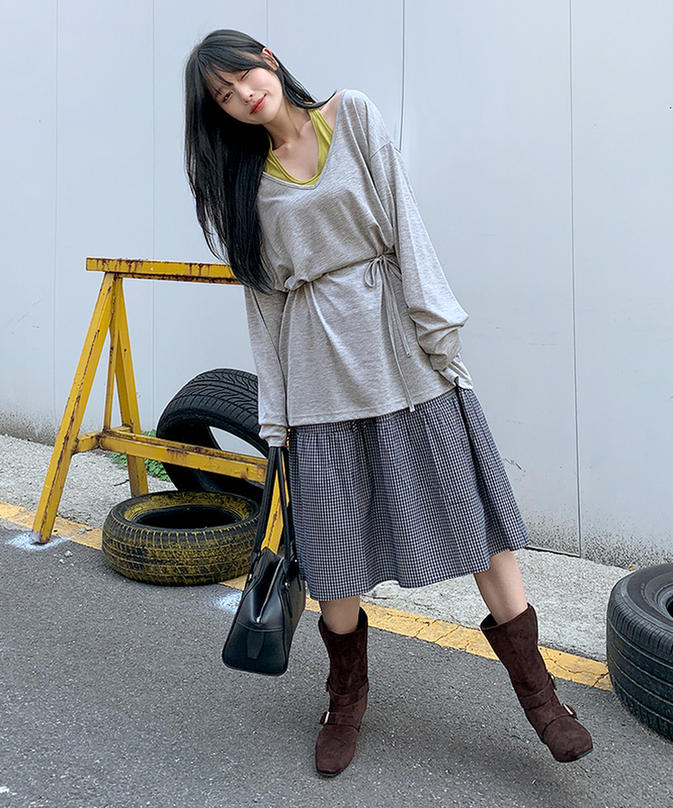 ディープVストリングロングTシャツ MELANGE GRAY