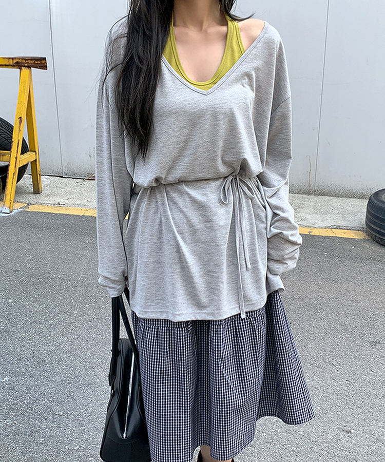 ディープVストリングロングTシャツ MELANGE GRAY