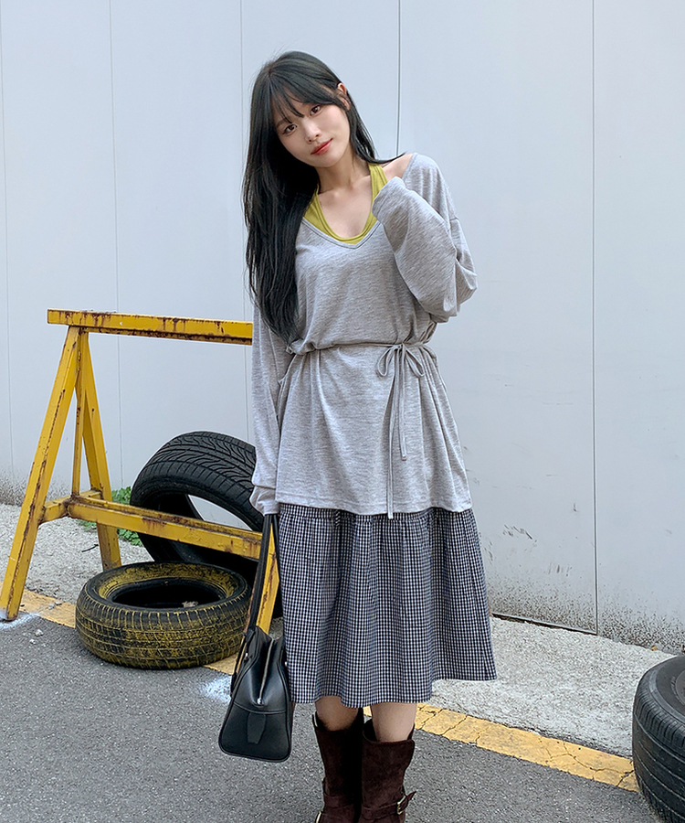 ディープVストリングロングTシャツ MELANGE GRAY