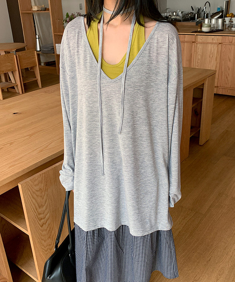 ディープVストリングロングTシャツ MELANGE GRAY