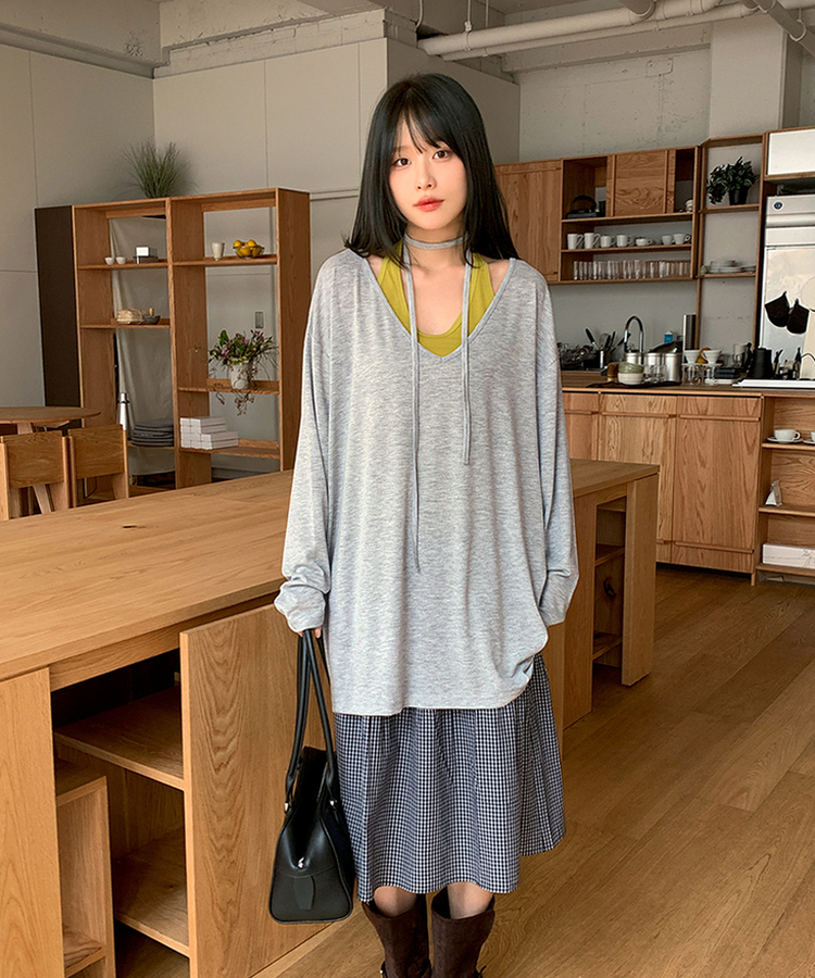 ディープVストリングロングTシャツ MELANGE GRAY