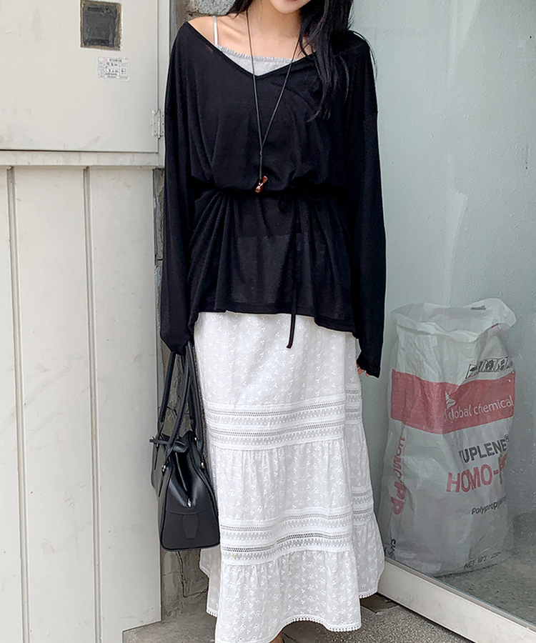 ディープVストリングロングTシャツ BLACK