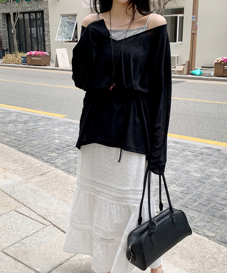 ディープVストリングロングTシャツ BLACK