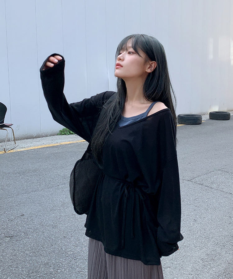 ディープVストリングロングTシャツ BLACK