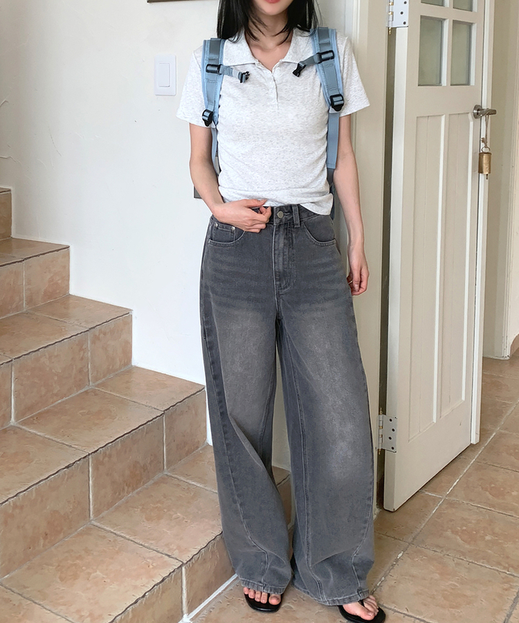 カットルーズバルーンデニムパンツ grey blue