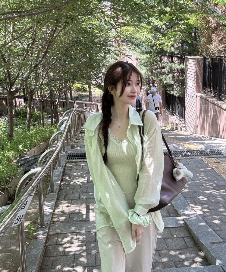 【SET】시어셔츠+레이스나시+스크런치 라이트민트