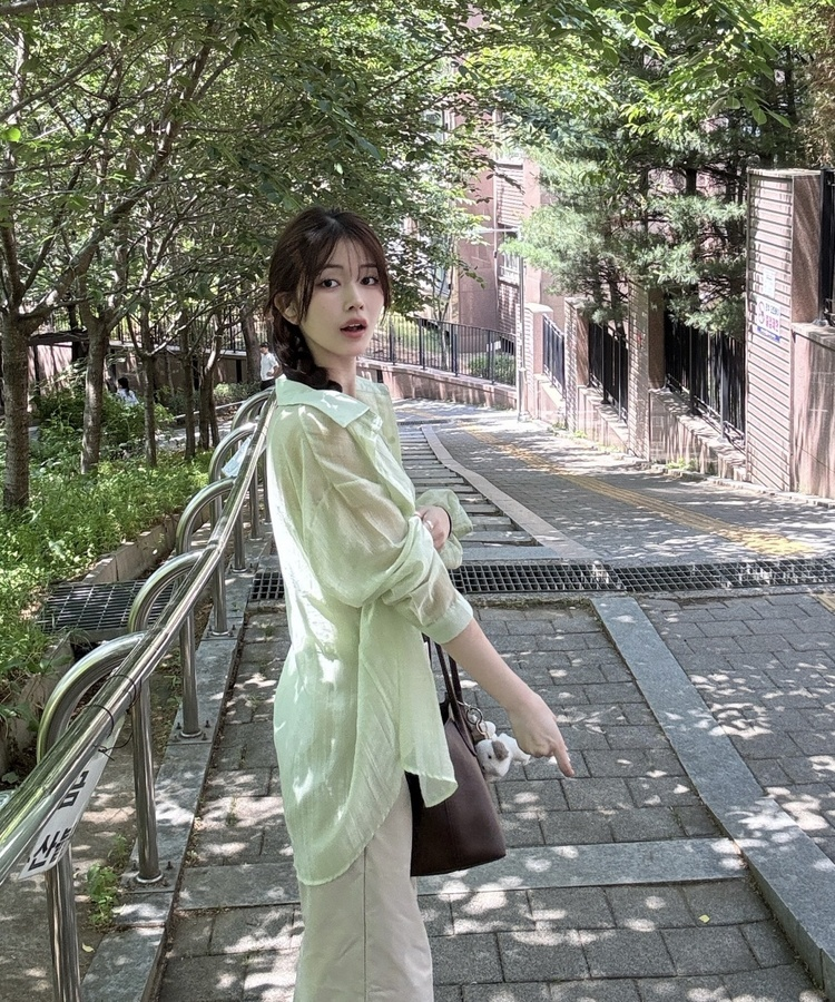【SET】시어셔츠+레이스나시+스크런치 라이트민트
