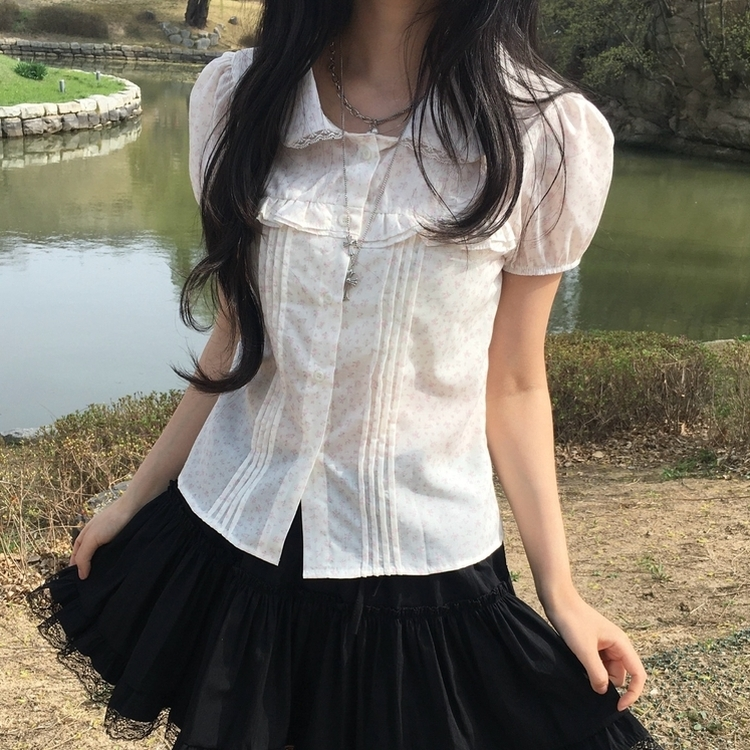 잔꽃도트ver 둥근카라 반팔 체크 핀턱 블라우스 화이트